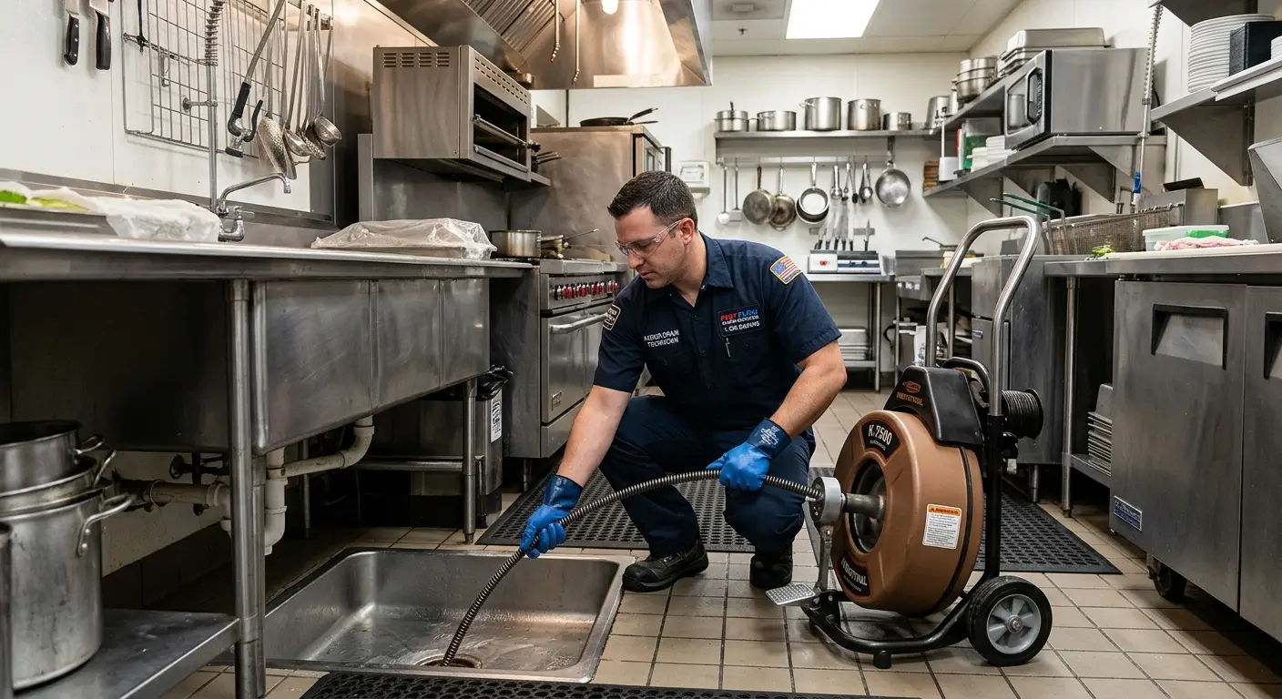 Commercial drain cleaning service in a restaurant kitchen in Stamford
