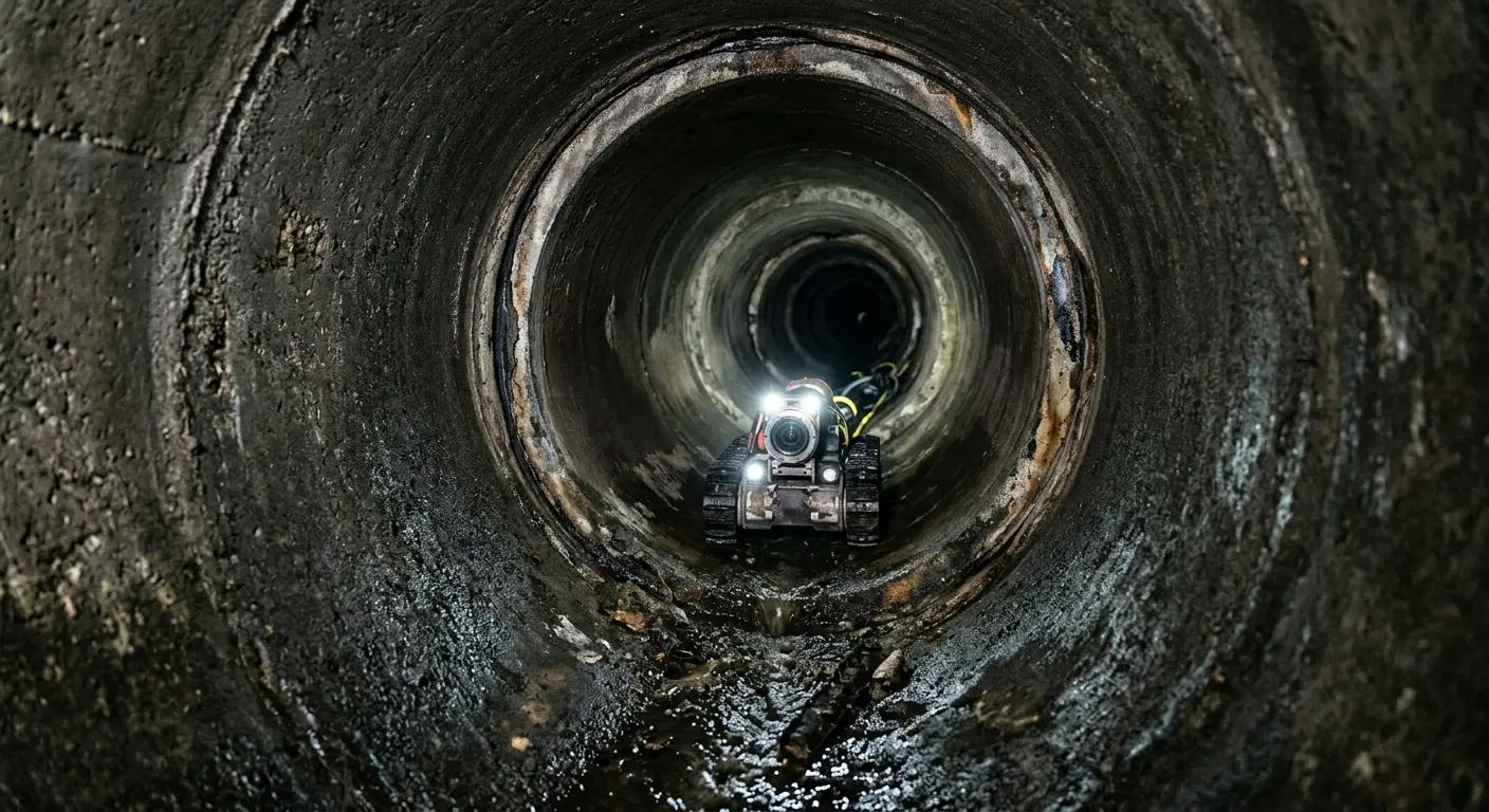 Robotic sewer camera inspecting pipe interior for Sewer Line Repair in Stamford