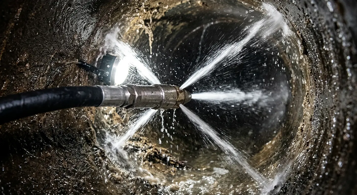 High-pressure hydro jetting nozzle cleaning sewer pipe for Emergency Drain Service in Stamford