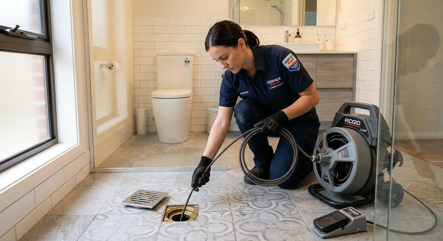 Technician clearing a bathroom floor drain for Drain Repair in Stamford